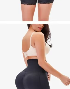 Close-up detail of high-waist butt lifting shapewear featuring black lace trim and shaping fabric.