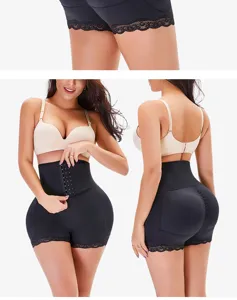 High-waist tummy control shapewear shorts with lace trim and butt lifting design for women.
