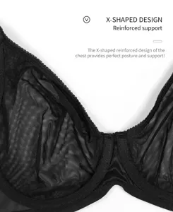 Black mesh bra detail close up, breathable sheer fabric with x shaped supportive design.