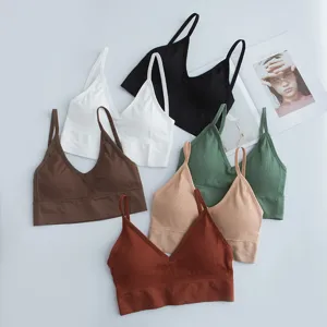 Seamless ribbed bralette padded crop top casual women's underwear spaghetti strap camisole