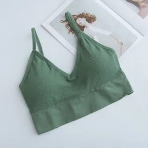 Close-up view of women's green ribbed bralette strap detail and stretchy fabric texture.