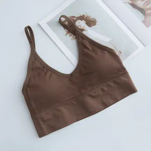 Brown ribbed seamless camisole top with deep U-neck and built-in chest pads for women.