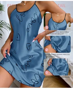 Sexy blaues Seidensatin-Schlafkleid für Damen, ärmellose Sommer-Nachtwäsche mit Liebesdruck.