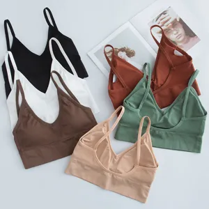 Ribbed seamless bralette with chest pad, deep U-neck backless camisole for women daily wear.