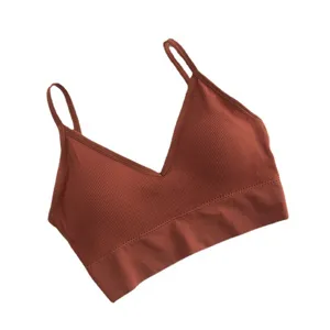 Women ribbed cami crop top v-neck padded bralette casual sexy basic tank top brown