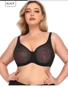 Plus size sheer mesh bra sexy push up supportive wireless bra for women black color