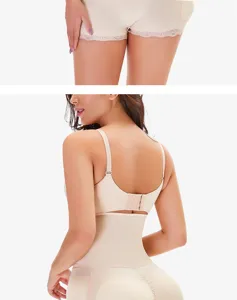Detail view of skin-colored tummy control shapewear and hip lifting shaping panties.