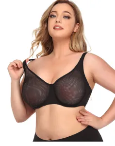 Plus size sheer mesh bra, ultra thin breathable minimizer lingerie for women, black sexy push up.