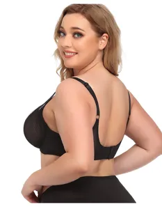 Plus size black sheer mesh bra detail view, supportive and comfortable lingerie for women.