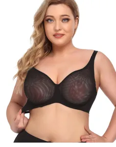Plus size sheer mesh black bra for women supportive wireless lightweight everyday comfort