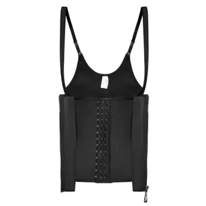 Black women waist trainer body shaper vest with shoulder straps and front zipper closure.