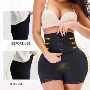 High waist tummy control shaping shorts, waist trainer with lace trim and butt lifting design.