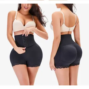 High waist tummy control shapewear shorts with front hook closure and butt lifter design view.