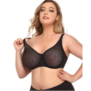Plus size mesh ultra thin bra for women, sexy full coverage gathering daily underwear.