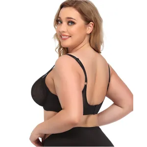 Plus size sexy black mesh bra, ultra thin gathered non-sagging design for full figure comfort.