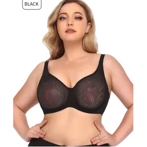 Plus size unlined sheer mesh bra for women, sexy full coverage underwire bra in black.