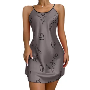 Attraktives seidenes Schlafhemd für Damen, ärmelloses rückenfreies Sommer Nachtkleid mit Print.