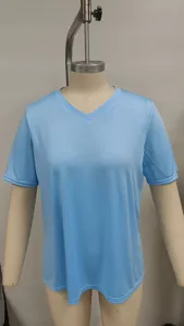 Casual V-short sleeve solid color light blue basic top detailed view for women.