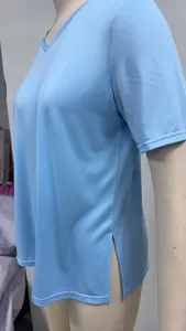 Light blue V-neck short sleeve T-shirt loose casual side slit basic top for women 2025