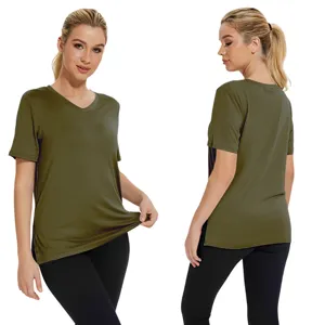 Casual v-neck short sleeve split hem solid color basic t-shirt for women summer daily wear