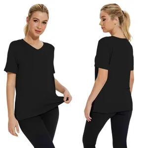 Women casual black V-neck short sleeve loose side split basic t-shirt for daily wear.