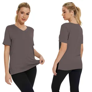 Classic Women's Solid Color V-Neck Short Sleeve Casual Loose T-Shirt Grey Variant