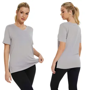 Women Casual V-Neck Short Sleeve T-Shirt Loose Side Split Solid Color Summer Tee