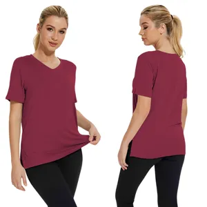 Women's V-Neck Short Sleeve Casual T-Shirt Burgundy Loose Split Hem Tee Top for Summer