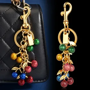 Colorful glitter cherry keychain cute fruit bag pendant alloy leaf charm key ring accessories