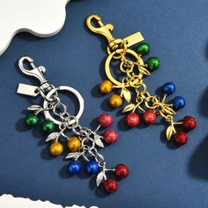 Colorful glitter cherry keychain cute fruit bag pendant with alloy leaf for handbag main