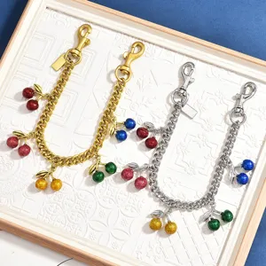 Sweet style multi-color cherry pendant metal chain bag charm glitter fruit decoration