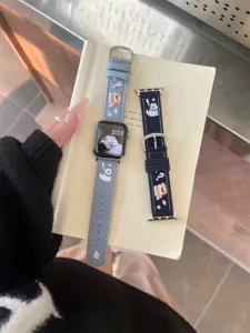 Denim embroidered cute dog watch band compatible with Apple Watch, stylish accessory strap.