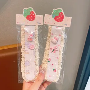 Kids lace fringe hair magic sticker cute strawberry bunny hair pad bang grip 2pcs set