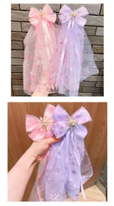 Kinder Prinzessin Schleife Haarspange mit Netz Schleier, Perle Schneeflocke Design.