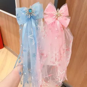 Kinder Prinzessin Schleife Haarspange mit Mesh Schleier und funkelnden Schneeflocken.