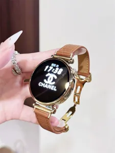 Hochwertiges braunes Leder-Smartwatch-Armband mit goldenem Verschluss für stilvolle Uhren.