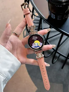 Pink leather smart watch strap with metal rhinestone decorative connectors for luxury style.