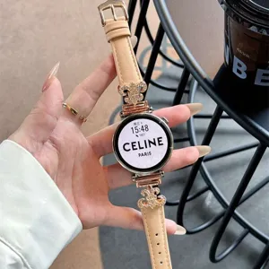 Replacement smart watch strap with metal charm decorations and elegant leather band for daily wear.