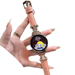 Pink leather smartwatch strap with sparkling rhinestone metal connectors for elegant daily wear.