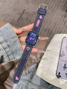Bracelet de montre en denim avec coeur et etoile brodes, bracelet de rechange elegante