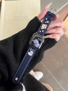 Denim embroidered puppy watch band compatible with Apple Watch, cute design strap for daily wear.