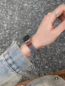 Stylish canvas and leather watch strap replacement accessory for smart watch detail view