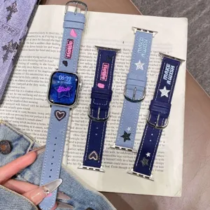 Bracelet de Montre en Tissu Denim Mode Broderie Cœur et Étoile Bracelet Smartwatch Accessoires de Remplacement Universels