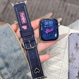 Bracelet de montre en jean pour Apple Watch avec cœur et étoile brodés, bracelet stylé.