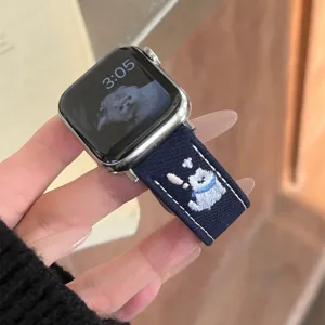 Cute puppy embroidery denim watch strap for Apple Watch Series 10 9 8 7 SE smart watch bands