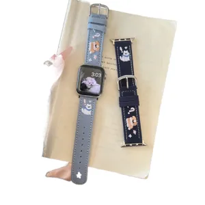 Denim embroidery watch band compatible with Apple Watch cute puppy design replacement strap