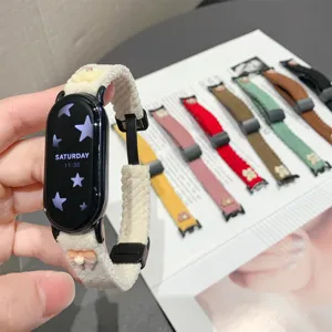 Corduroy smart watch band with cute bear and bow decor, magnetic closure, detailed view.