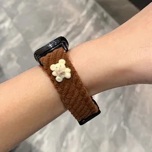 Brown corduroy smartwatch strap with cute bear accessory for smart watch replacement band