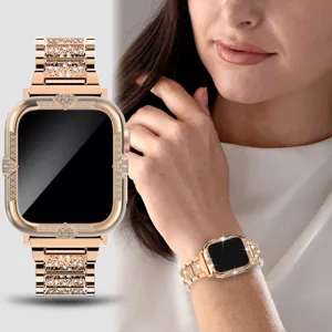 Glitzernder Strass Apple Watch Gehäuse Armband Kombi Roségold beschichtet Detailansicht