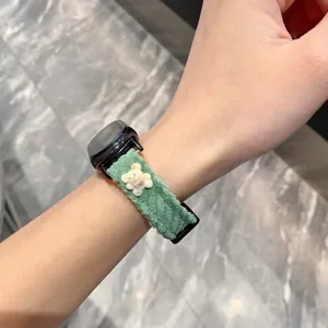 Green Corduroy Smart Watch Strap Featuring Cute Bear and Bow Accessory for Daily Wear